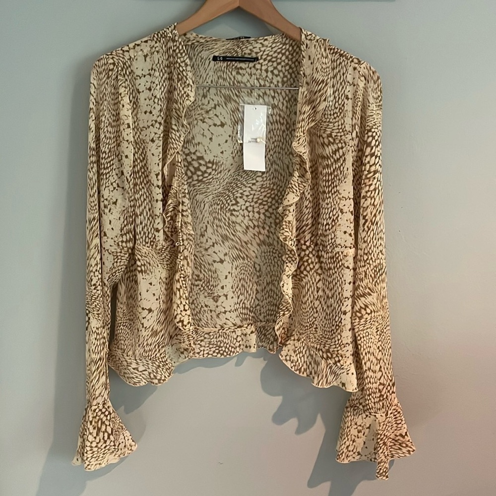 NWT urban outfitters Ecote animal print ruffle open front top sheer frilly L